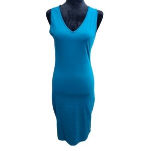 NWT Sleeveless V-Neck Bodycon Midi Dress With Side Slits Large Teal Blue